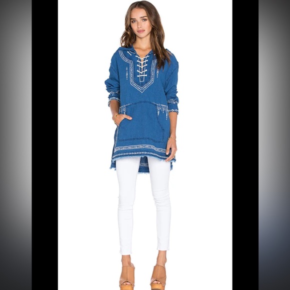 Blank NYC Tops - BlankNYC Blue Embroidered‎ Printed Hoodie in Drug Rug Size Small